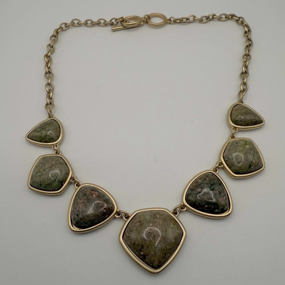 Natural Stone‎ Necklace Brushed Gold Tone Unakite Jasper 15”